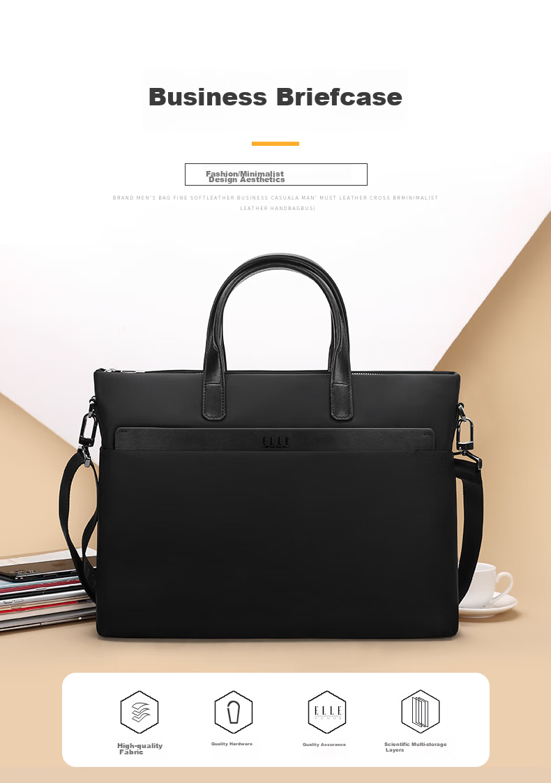 ELLE HOMME Business Men's Briefcase, Fashionable Canvas Crossbody Handbag, Casual 14-Inch Laptop Bag 02210 Black 4