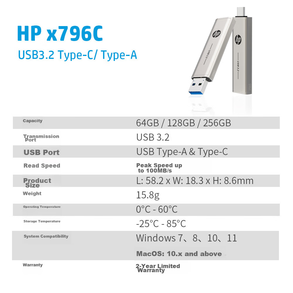HP 64GB Type-C USB3.2 Dual-Interface Flash Drive X796c High-Speed USB Drive for Smartphones, Tablets, And Computers - Multifunctional Office Flash Drive 16