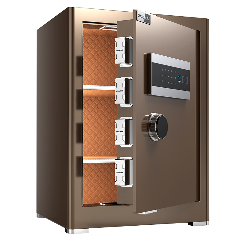 OunaisiONNAIS New Home Safe, Small Office Financial-Specific Safe, Wall-Mounted Fingerprint Password Alarm, All-Steel Anti-Theft Smart Storage Box, X6-60 Coffee Fingerprint Three-Layer