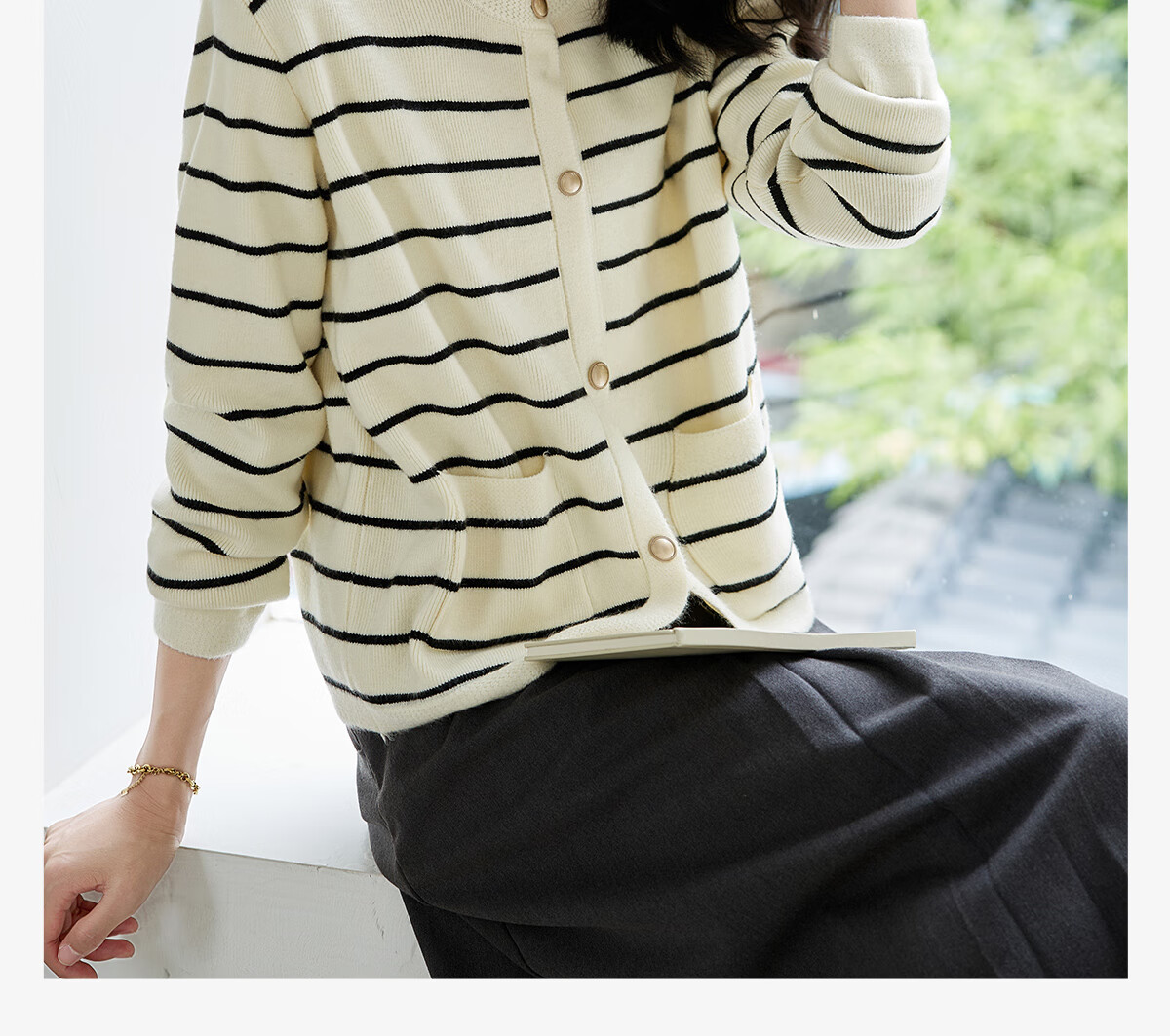Chushen Spring And Autumn Knitted Cardigan for Women, Versatile Round Neck Fashionable Striped Curved Hem Sweater Jacket Top S143Z1032 1