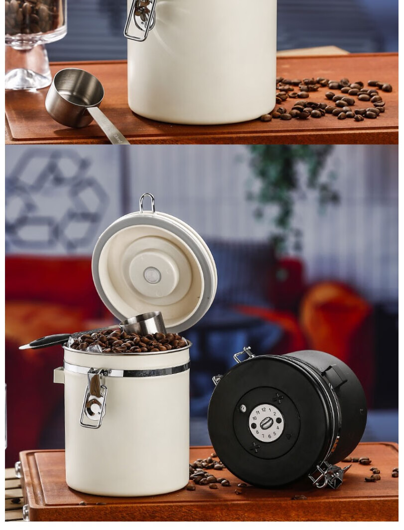 Beiyin Coffee Bean Storage Canister with Spoon, Sealed 304 Stainless Steel Container, Ventilated, Date Setting Option, Black, 1.5L 16