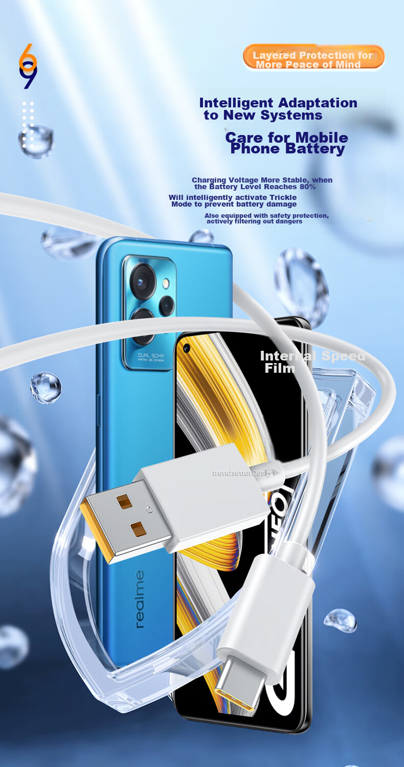 Trendsetter Compatible with Realme Data Cable, 65W Fast Charging, Suitable for GT2 Pro/Neo, Flash Speed/2T/Q3S/Q2/Explore X50/70/V13/15/X2, Quick Charging Cable 6