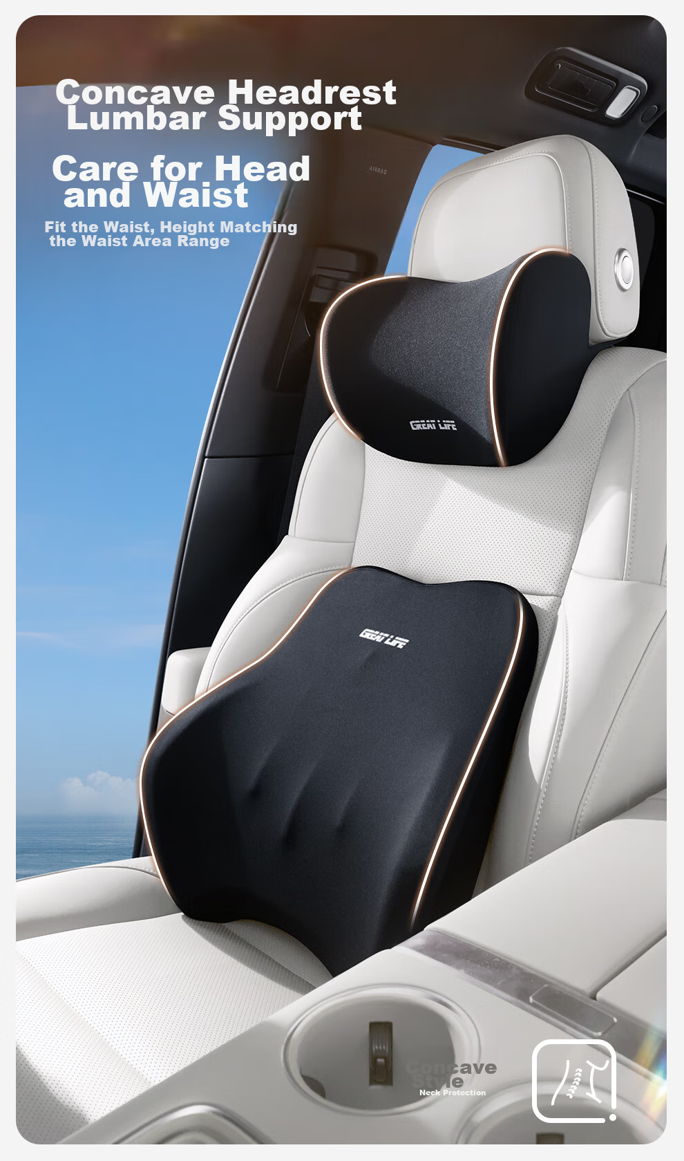 GREAT LIFE Car Headrest And Lumbar Support Set with Memory Foam Neck Pillow And Waist Cushion, In-Car Neck Protection And Lumbar Support Pad 3