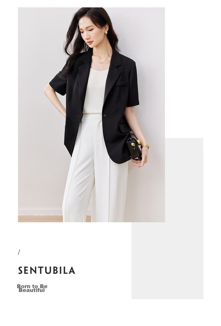 Sentubila Three-Dimensional Draping Summer Casual Short-Sleeve Blazer for Women, Elegant Office Suit Jacket, Black, S 14
