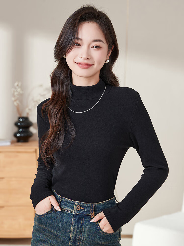 Woodpecker Women's Pure Cotton Half Turtleneck Slim Fit Stretch Long Sleeve Base T-Shirt 2025, White, M 7