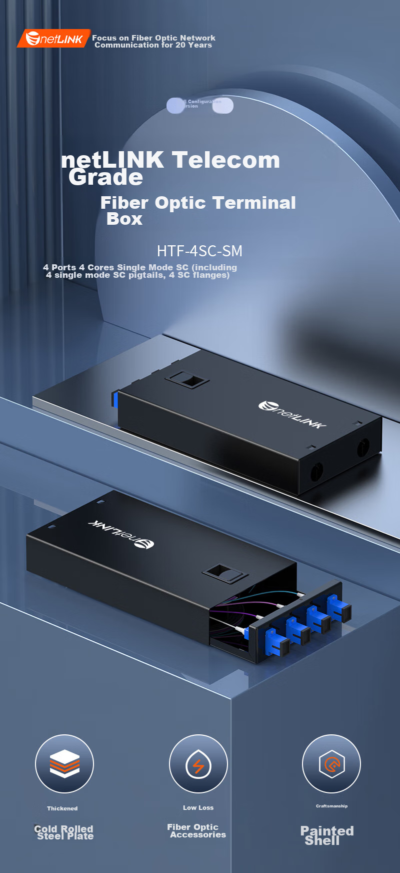 NetLINK Fiber Optic Terminal Box, 4-Port 4-Core SC Single-Mode Fiber Optic Fusion Splice Box, Fully Equipped Fiber Optic Pigtail Flange Cable Continuation Box, Wall-Mounted 1 Piece HTF-4SC 1