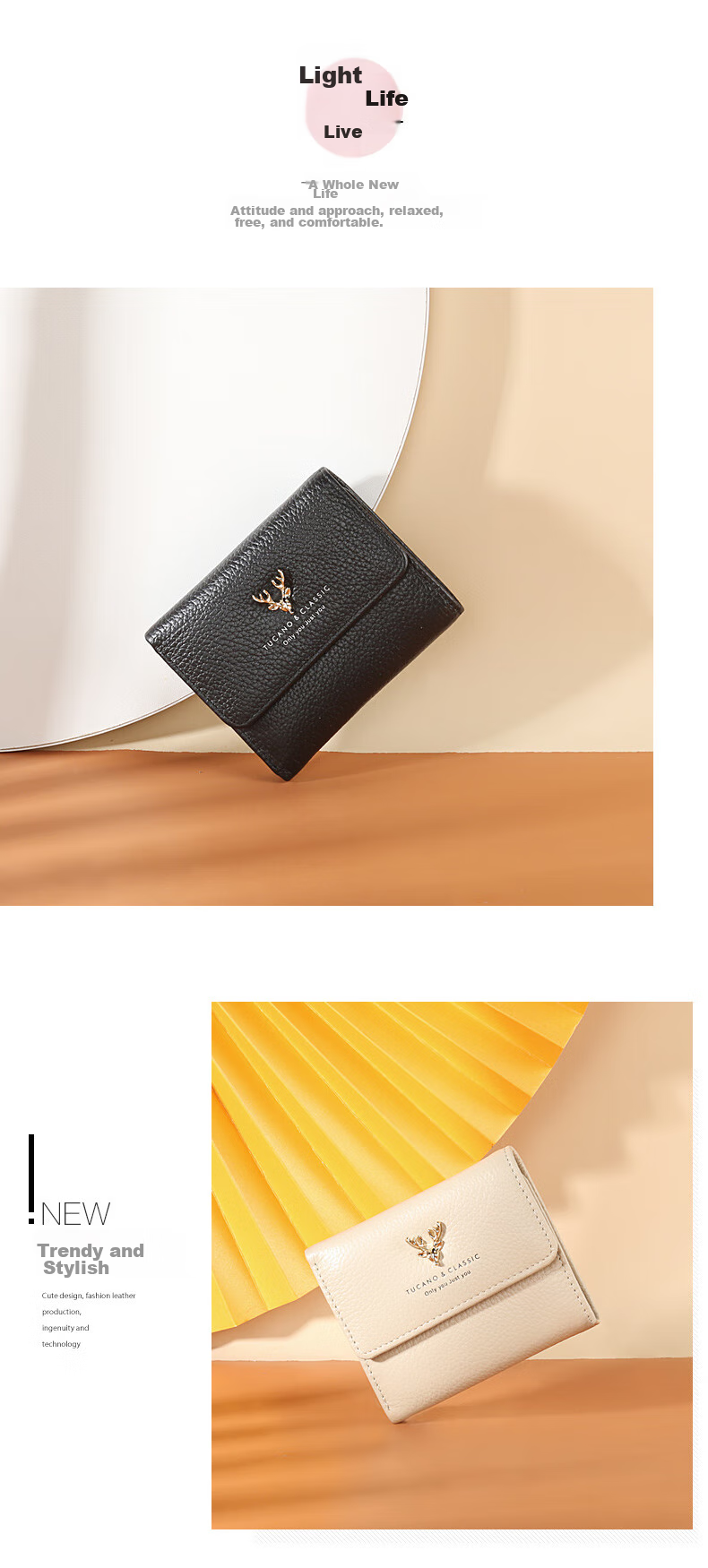 TUCANO Ladies' Wallet, Short Style, Two-Fold, Sweet And Elegant, Two-Layer Cowhide, Slim Purse, Practical, Birthday Gift for Wife on May 20 3