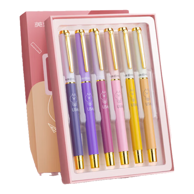 HERO Erasable Fountain Pen Set Cartoon Morandi Style for 3rd Grade Students Heat-Sensitive Erasable Posture Correcting Refillable Ink Cartridges Female Edition - 6 Pieces (Color Random)