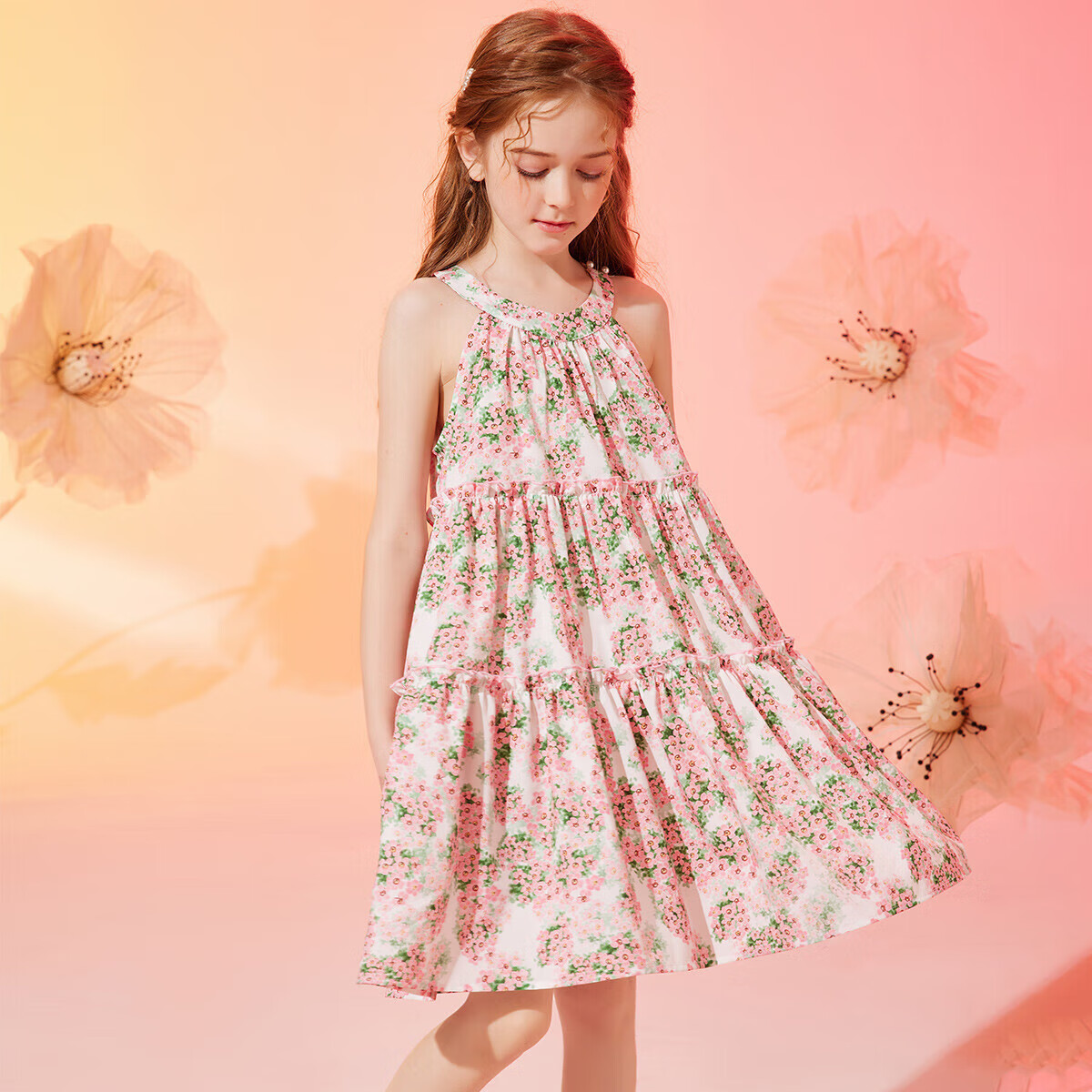 ASK JUNIOR Girls' Summer Dress, All-Over Print Spaghetti Strap Dress, Vacation Children's Princess Dress