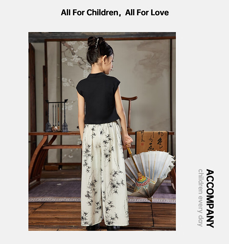 ASK JUNIOR Girls Summer Hanfu Set Chinese Style T-Shirt and Printed Long Pants for Older Kids 9