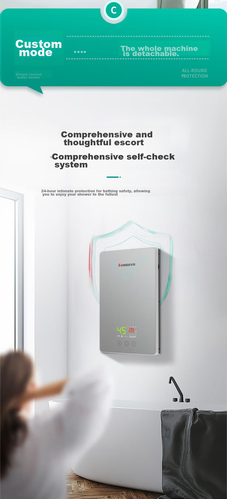 CHIGO Instant Electric Water Heater, 7500W Rapid Heating, Constant Temperature, Small Kitchen Treasure, Energy-Saving Household Integrated Shower, No Storage Water Required, Adjustable Power, ZG-KB732 9