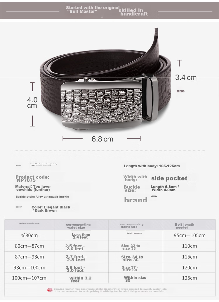 Cattlesboss Men's Leather Belt with Automatic Buckle, Alligator Pattern Business Belt 7075 Gift Elegant Black 110cm 4