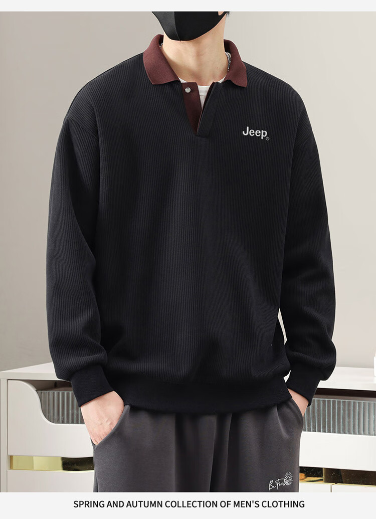JEEP Men's Sweatshirt, Spring And Autumn Heavyweight Polo Collar Long Sleeve Casual Top, Black, 3XL 12