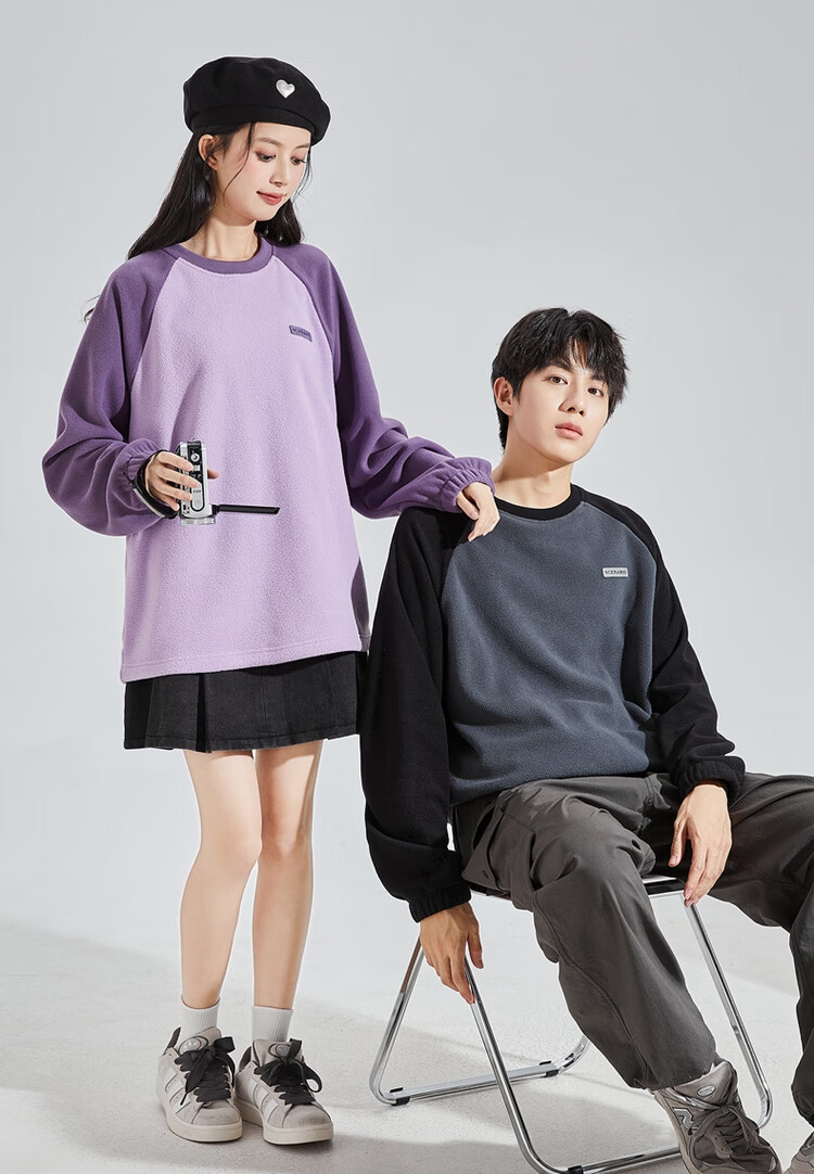 TonLion 2023 Couple's Matching Round Neck Raglan Sleeve Fleece Sweatshirt, Men's Style/black, S 2