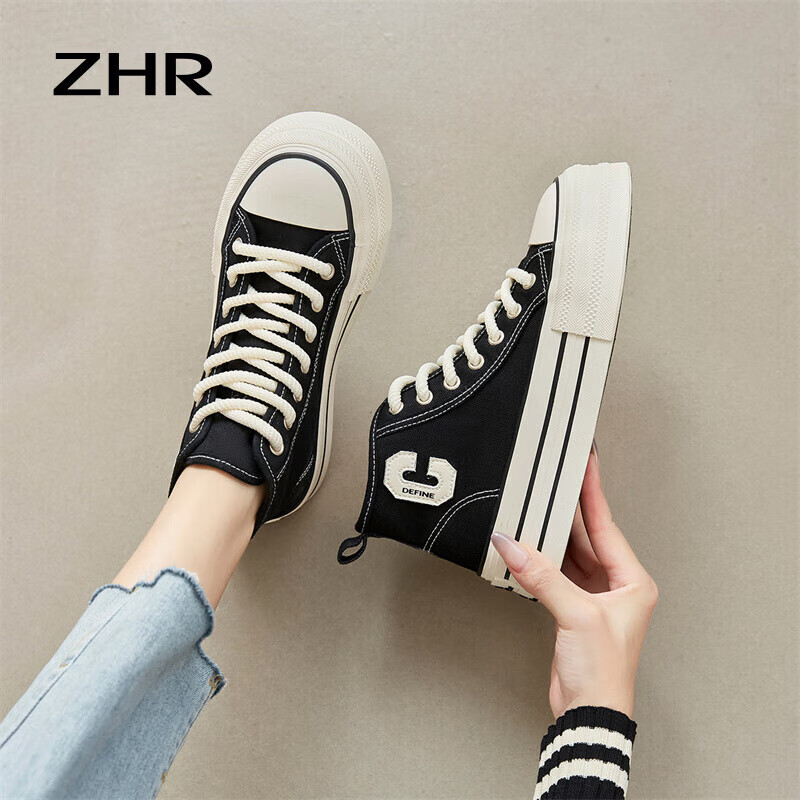 ZHR Canvas Shoes for Women, Classic Thick-Soled High-Top Casual Shoes, Lightweight Breathable Round-Toe Women's Shoes, CS32, Black, Size 37