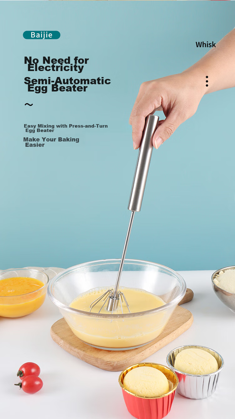 BJ Handheld Semi-Automatic Egg Beater, Baby Food Tool, Corn And Egg Tart Stainless Steel Cream Whisk 4