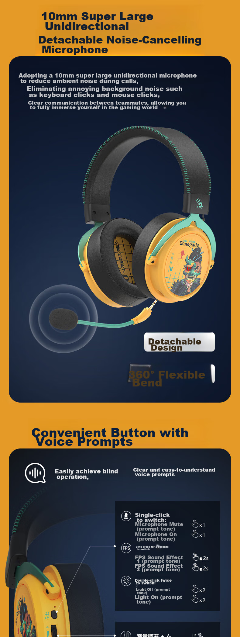 A4TECH Savage Tribe MR595 Wireless/Bluetooth/Wired Gaming Headset, Over-Ear Blood Hand Phantom, PUBG CS Lightweight Delta Valorant Game, Reverse Yellow 10