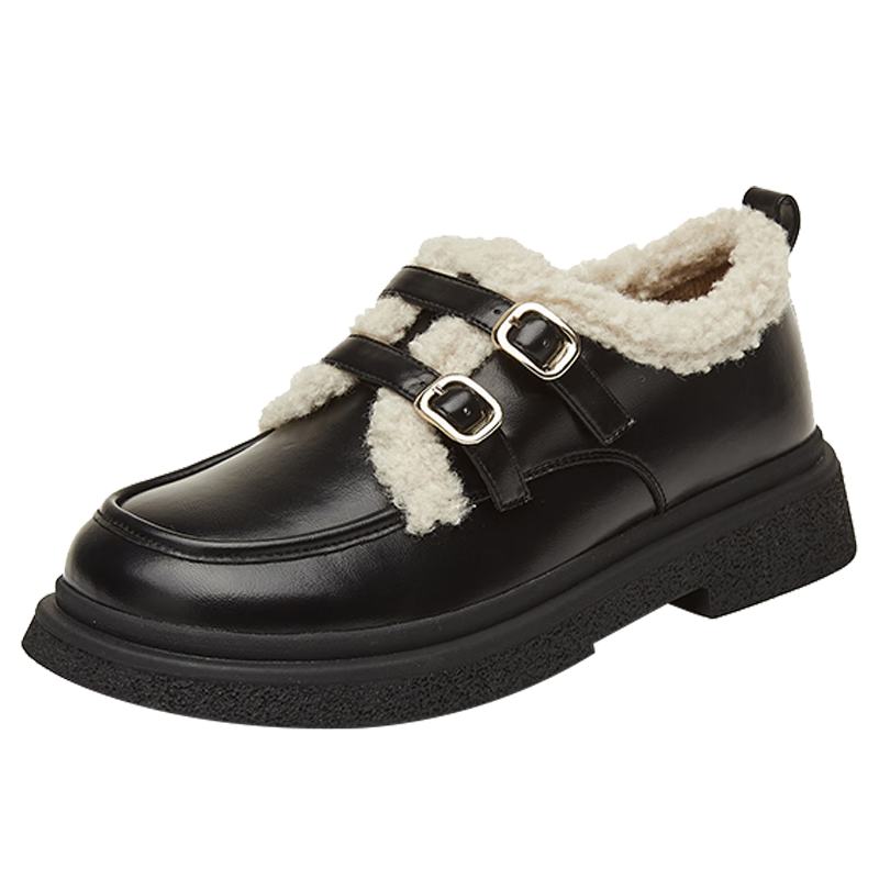 Daphne Women's Winter Flat Fleece Loafers Casual Mid-Heel Small Leather Shoes 3122607007 Black Size 39