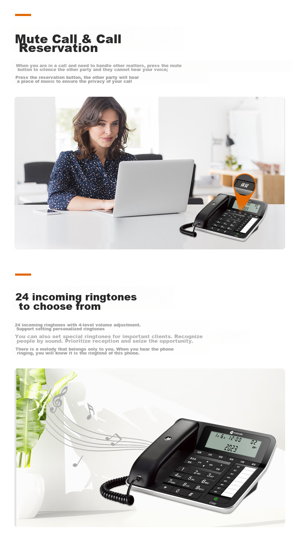 Motorola Light Luxury Landline Telephone, 4.2-Inch Large Screen, 5-Meter Long-Distance Hands-Free, Piano Lacquer Finish, for Office And Home Use, CT360C (White) 5