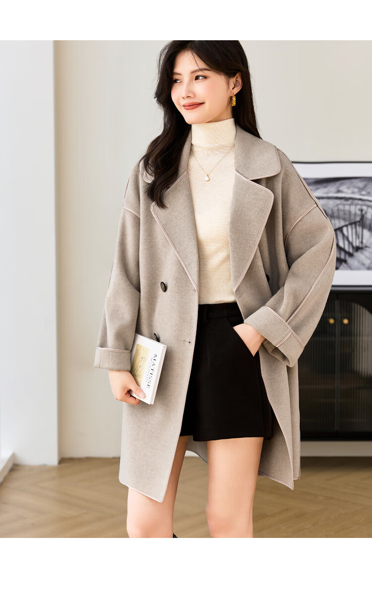 Dme Ladies Daily Autumn Winter Blazer Collar Straight Shoulder Drop Double-Breasted Double-Faced Wool Trimmed Mid-Length Coat for Women 5