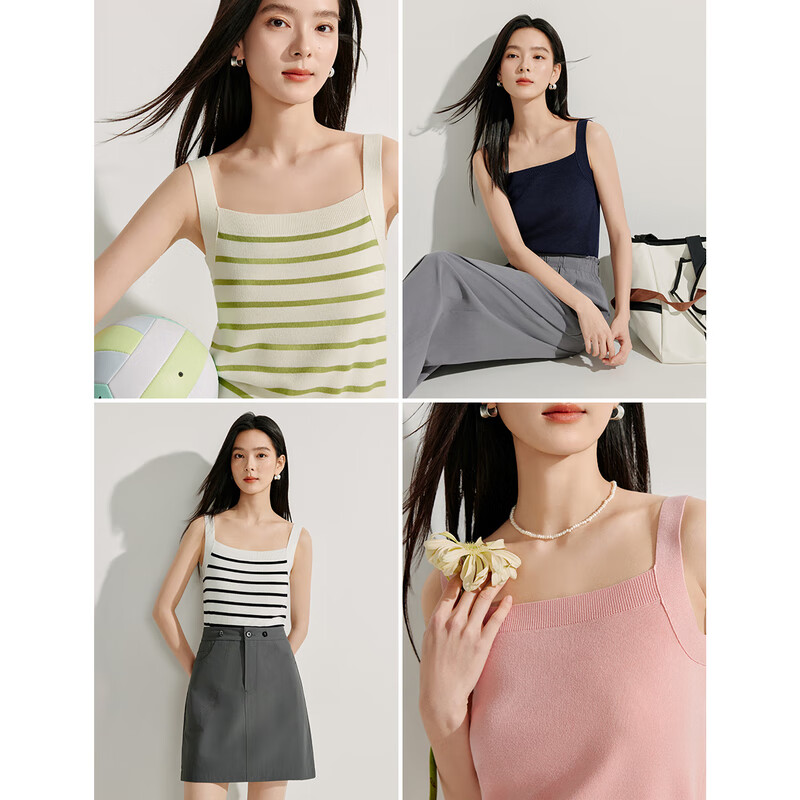INMAN Striped Square Neck Knit Camisole Tank Top, 2026 Summer Women's New Short Fitted Top, White And Blue Stripes, XL