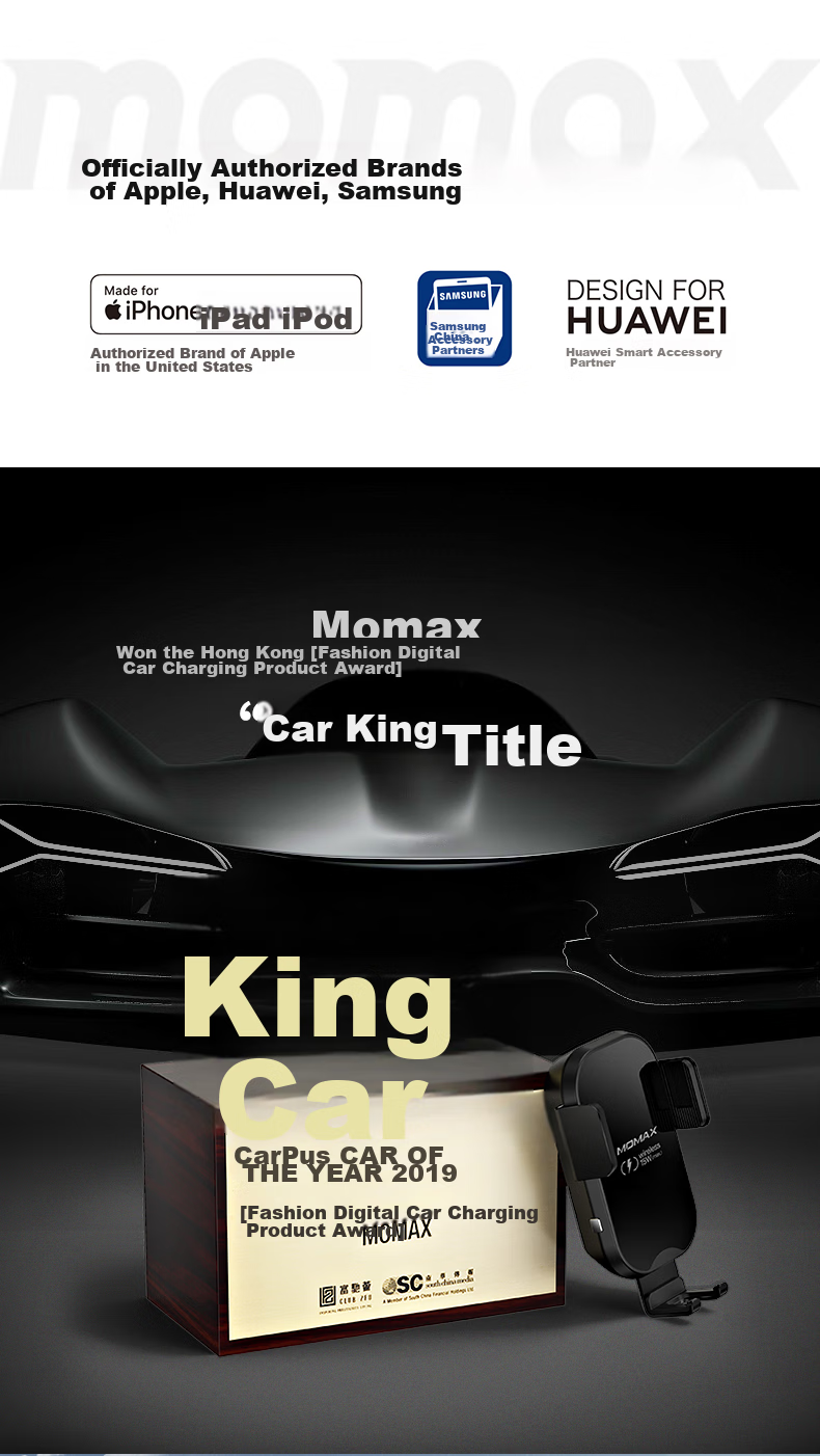 MOMAX Car Phone Holder, 15W Wireless Fast Charging Car Phone Mount, Magnetic Air Vent Navigation Stand 1