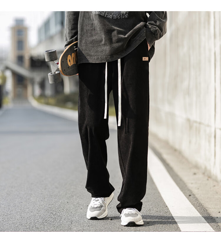Huili Corduroy Pants for Men, Spring And Autumn New Style, Loose Straight Wide-Leg, Casual Sports Trousers, Long Pants, Black, 3XL 11