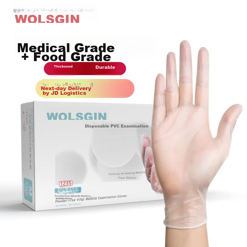 WOLSGIN Disposable PVC Gloves, 100 Pieces, Large Size, Food Grade, Thickened, for Kitchen, Dishwashing, Catering, Cleaning And Inspectio