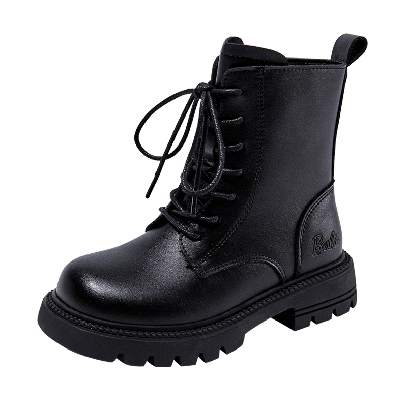 Barbie Girls' Spring And Autumn Martin Boots, Single-Lined Short Leather Boots, Versatile Black Boots for Children, DA6569 Black Size 34
