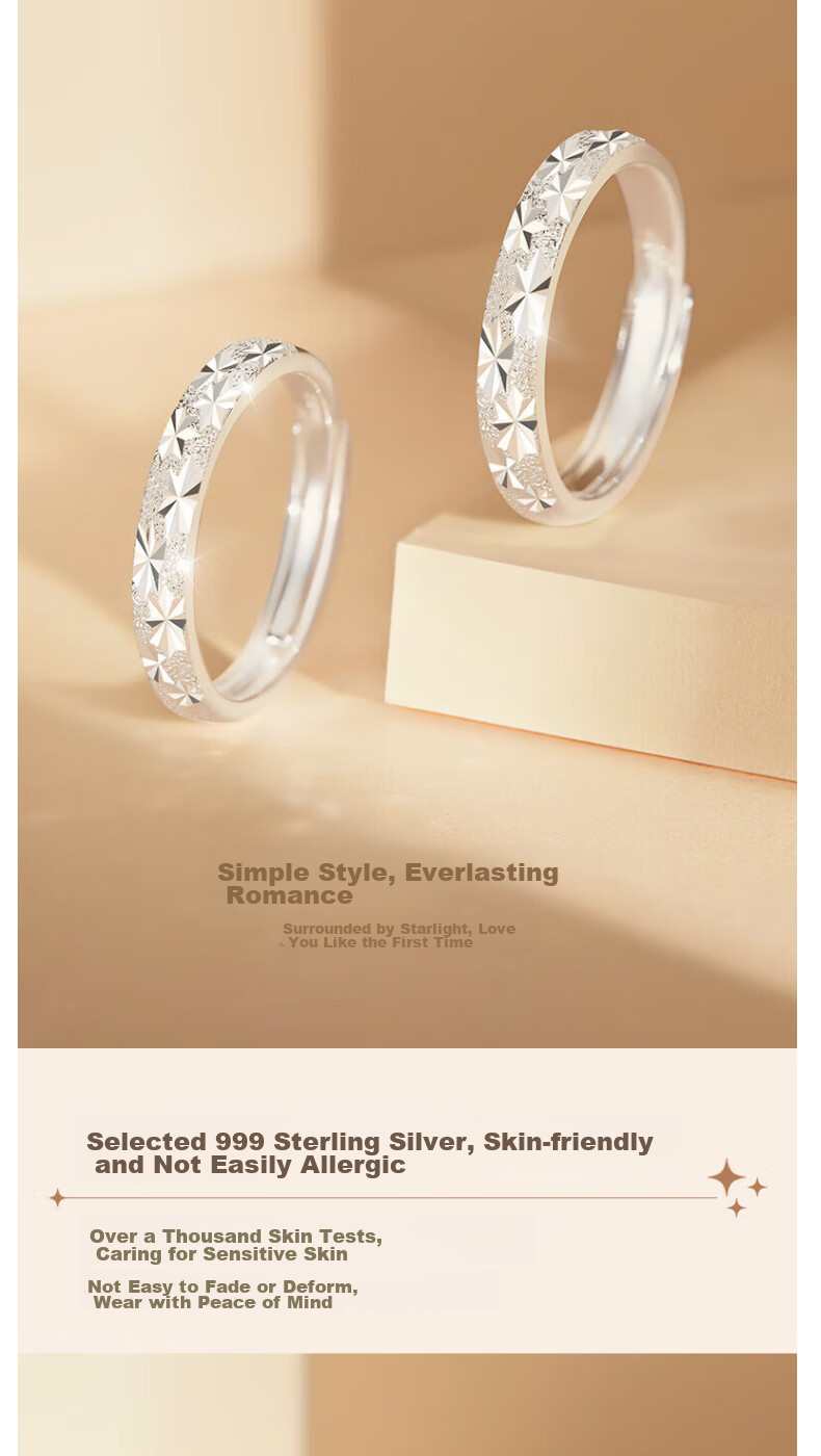 MANHE S999 Sterling Silver Couple Rings, One Pair of Engagement Diamond Rings, Adjustable Women's And Men's Birth Ring, Valentine's Day Gift 4