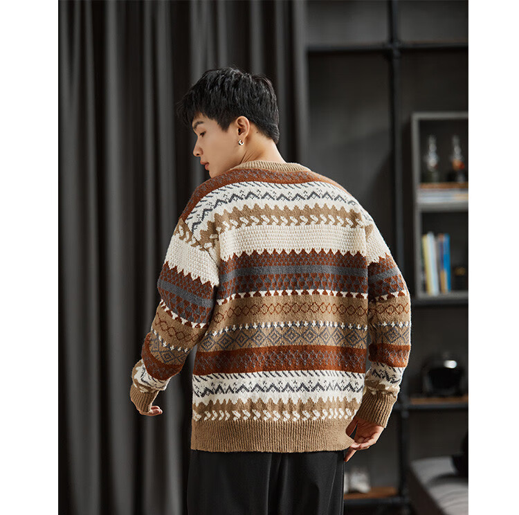 TonLion Autumn And Winter Men's Sweater, Jacquard Round Neck Knit Pullover, Japanese Retro Lazy Style Geometric Patter 5