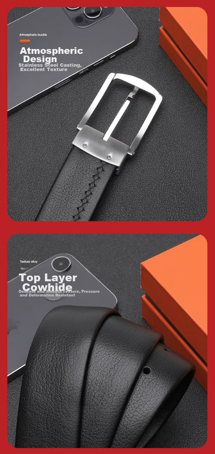 ELLE HOMME Men's Belt, Top-Grain Leather Buckle + Pin Buckle Belt, Stainless Steel Buckle Set, Birthday Gift for Me 8