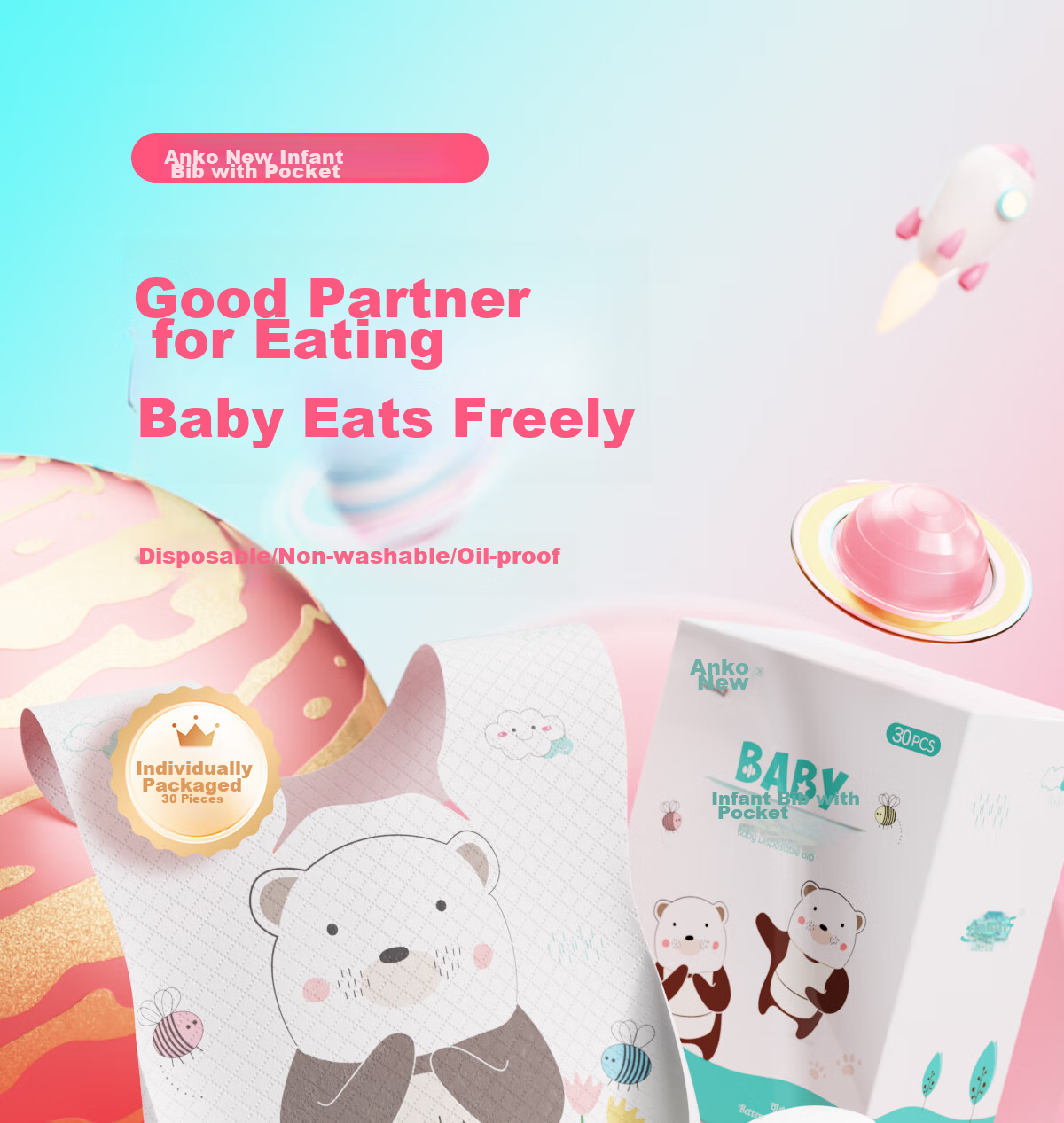 Ankexin Disposable Bibs for Infants And Toddlers [90 Pieces], Individually Wrapped Baby Drool Bibs, Cute Bear Desig 2