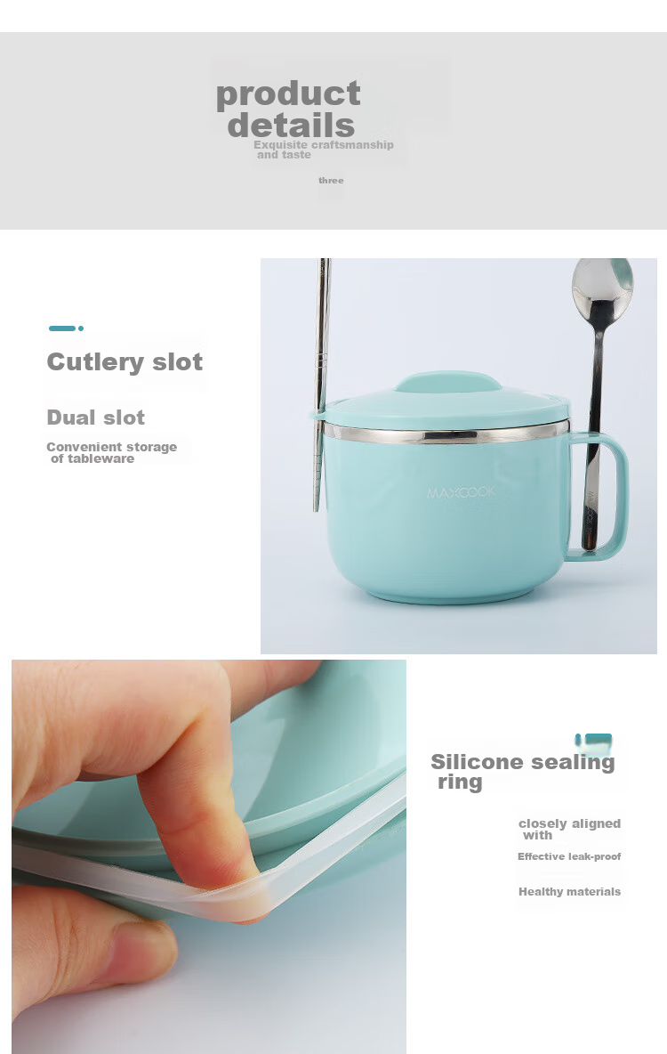MAXCOOK 304 Stainless Steel Ramen Bowl, Student Lunch Box, Meal Cup, Noodle Cup 1200ML, Avocado Green MCFT0087 12