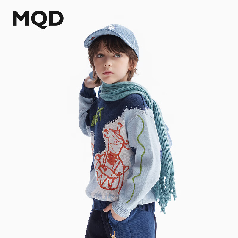MQD [Designer Series] Boys' Crew Neck Sweater, Spring And Autumn Style Children's Knitwear, Navy Blue, Size 110