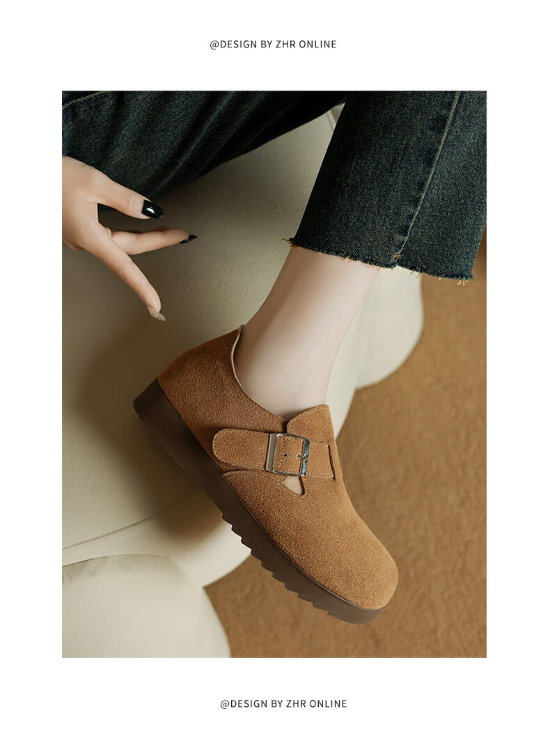 ZHR Bokeng Women's Shoes, 2026 New Style, Genuine Leather, Commuter Women's Shoes, Casual Versatile Flats, AB55 Camel Color, Size 38 9