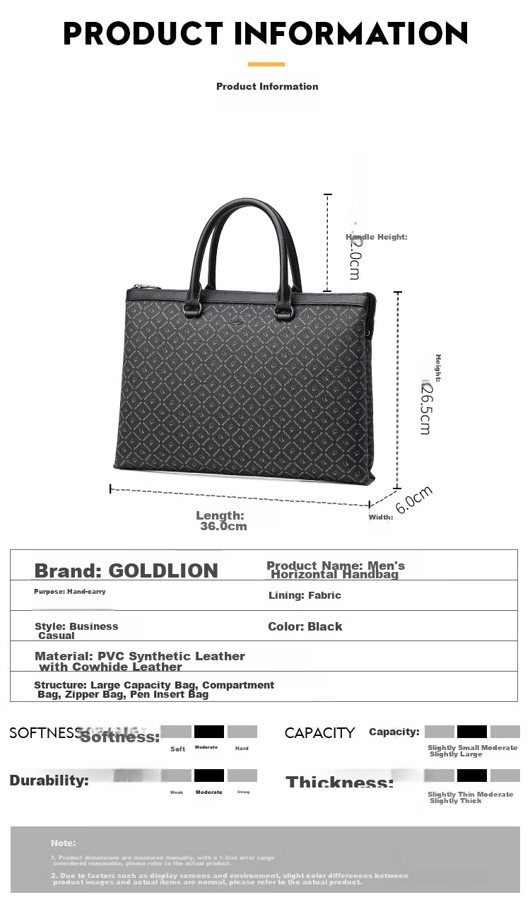 Goldlion Business Briefcase, Stylish PVC Men's Bag, Laptop Bag with Large Capacity, Horizontal Style Handbag, Birthday Gift 11