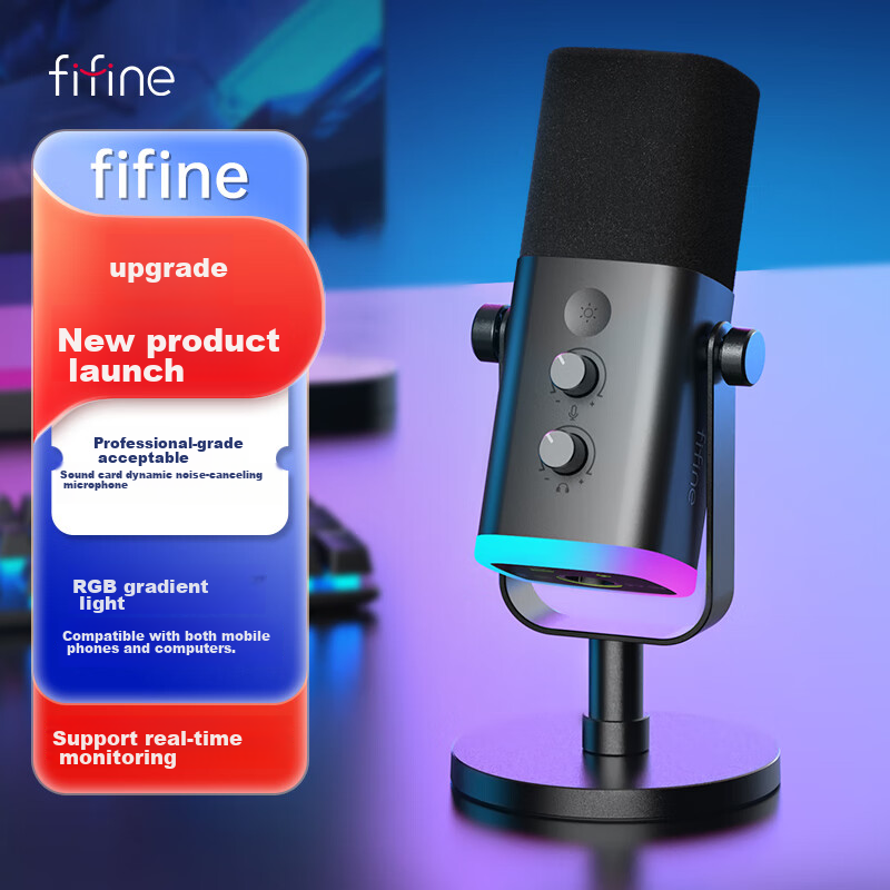 FIFINE Dynamic Noise-Cancelling USB Computer Microphone for Desktop Streamers, Live Streaming, Gaming, Recording, Karaoke, Video Use, with External Sound Card Support, Desktop RGB Microphone, Wired Microphone AM8 Black