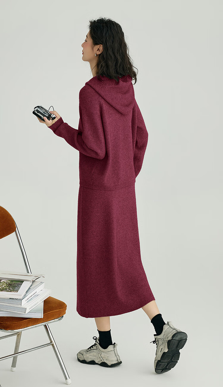 DME Relaxed Knit Set Spring Autumn Hoodie Knit Top + Elastic Knit Skirt Two-Piece Set 3
