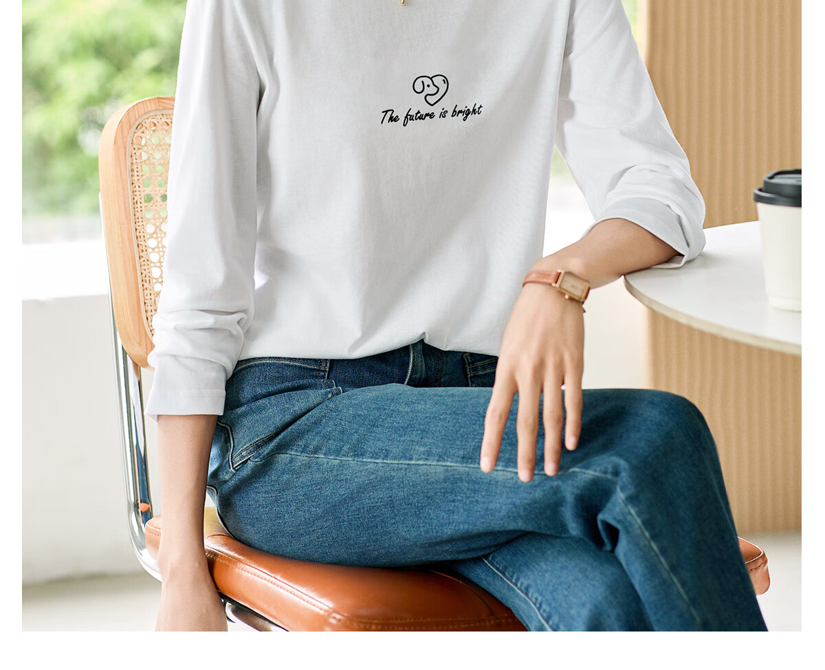 Chushen Women's Spring and Autumn Long Sleeve T-Shirt Pure Cotton Basic Loose Letter Print Crew Neck Top S143T2013 17