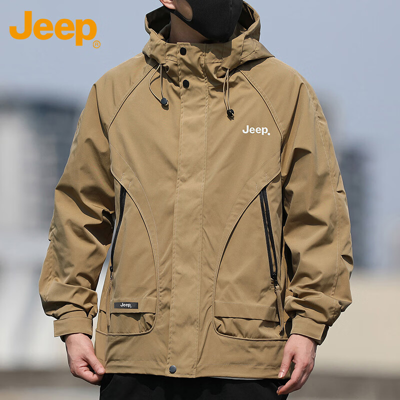 JEEP Men's Jacket, Spring And Autumn Outerwear, Casual Loose Workwear Clothing for Men, Khaki, 2XL