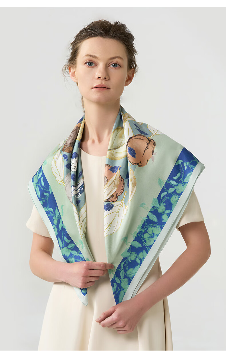 MARJA KURKI Mid-Autumn Festival Gift for Women's Mothers, Double-Sided Square Scarf, Mulberry Silk Shawl, Silk Scarf Gift Box Set, Autumn Persimmon Blue 12