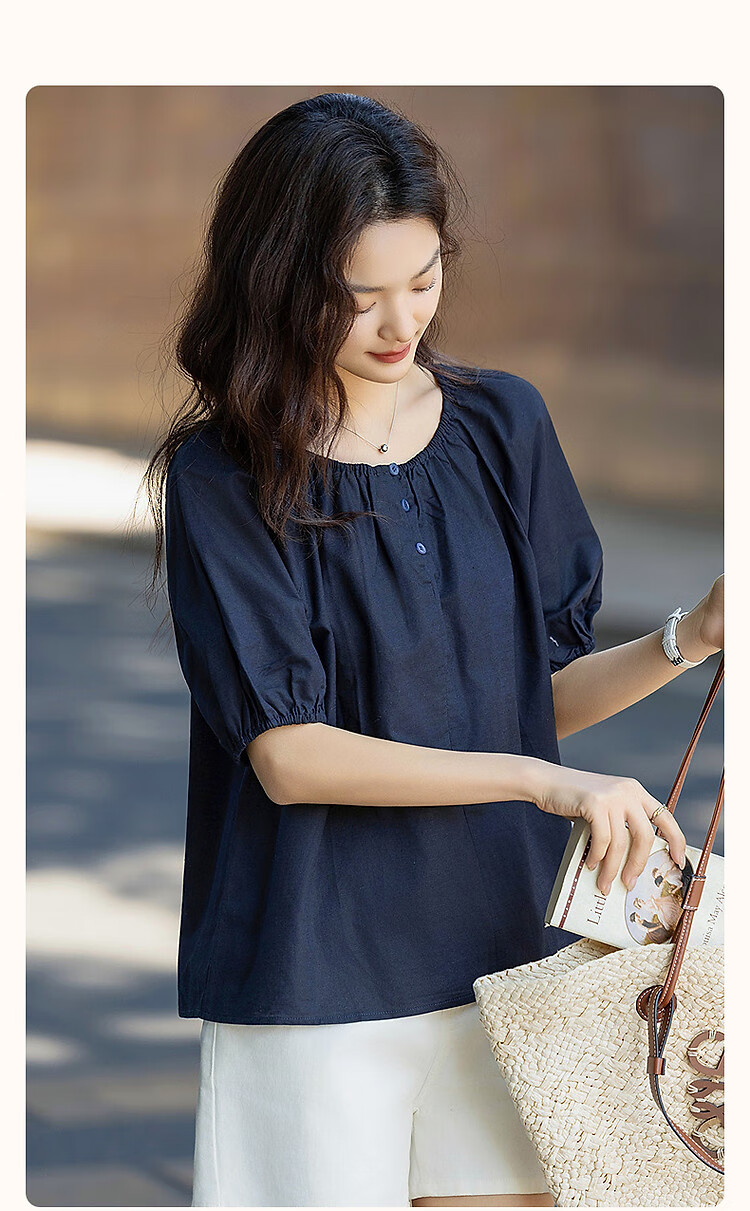 Dme [Elastic One-Shoulder Round Neck Two-Way Wear] Summer Lightweight Linen Cotton Blend Blouse Elegant Shirt Women's Top 2