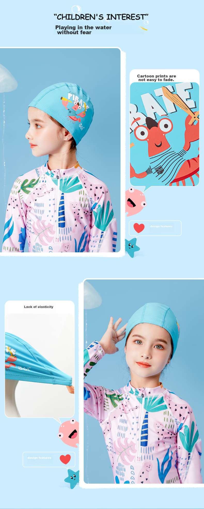 361° Children's Swimming PU Cap, Sports Hat for Boys And Girls, Fashionable Cute Cartoon Design, Waterproof Comfortable Non-Binding Swim Cap, Blue 4