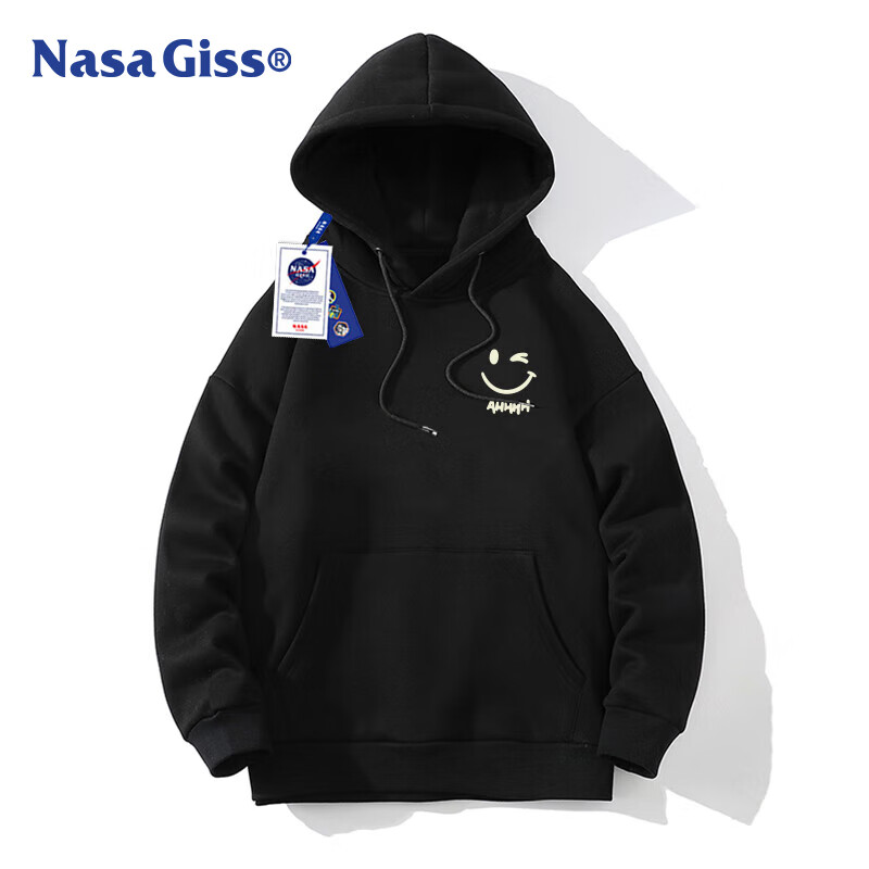 NASA GISS Official Collaboration Hoodie for Men, Autumn Loose-Fit Sweatshirt Pullover Top, Black, 2XL