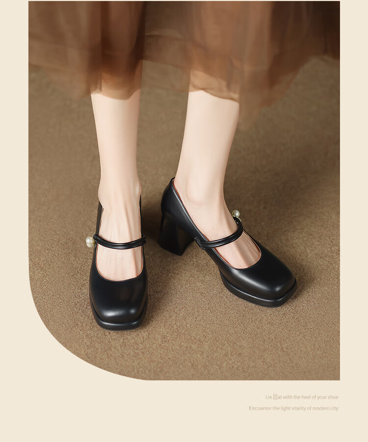 ZHR Mary Jane Shoes for Women, Spring And Autumn Retro French-Style Chunky High Heel Pumps, Square-Toe Elegant Women's Shoes, CQ61 Black, Size 35 12