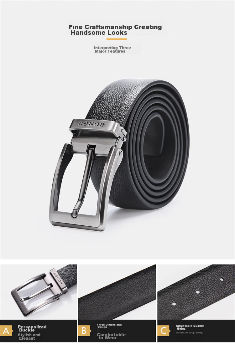 HONGU Men's Belt, Top-Grain Leather, Pin Buckle, Trimmable, Gift Box Packaging, Birthday Present 2