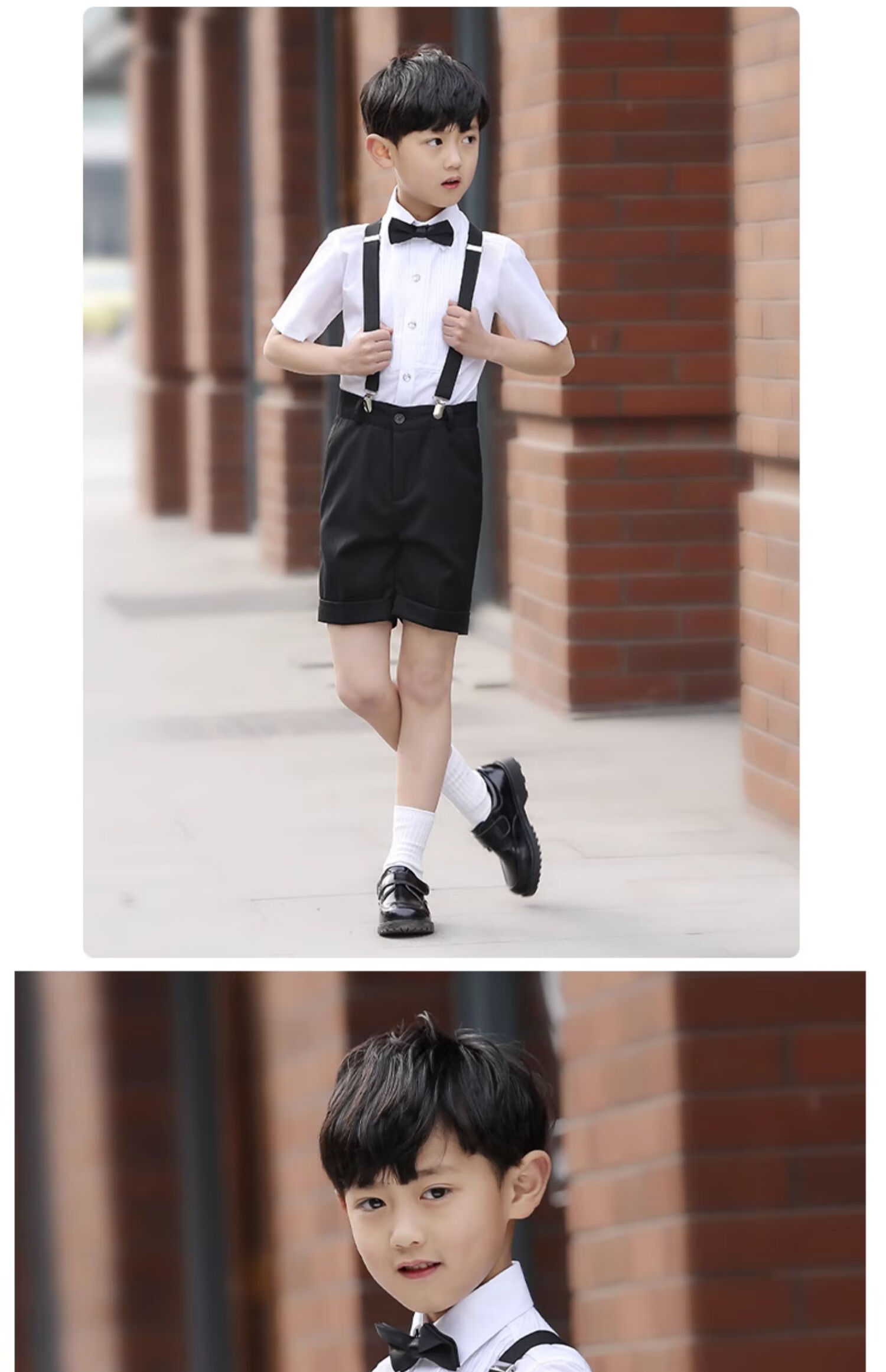 ROMON Boys' Formal Suit Set for Summer Graduation Performances And Events, Navy Blue Short Suspender Suit with Five Pieces, Size 140 11