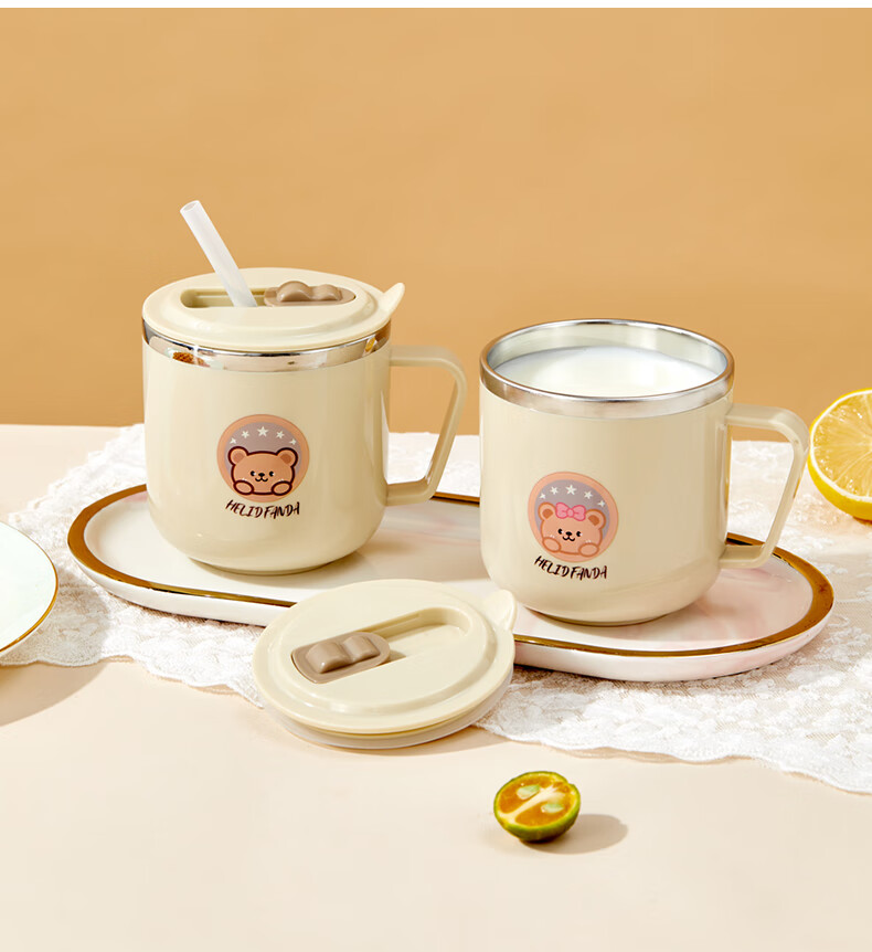 WORTHBUY 316 Stainless Steel Children's Milk Cup, Baby Drinking Cup, Double-Layer Anti-Scalding with Scale And Straw Cup, Bear Desig 15