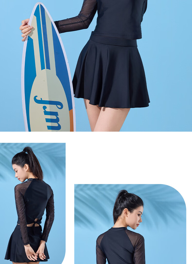 Li-Ning Women's Two-Piece Swimsuit, Skirted Style with Boy Shorts And Long Sleeves, Conservative, Tummy-Concealing, Slimming, Vacation And Hot Spring Swimwear, 484 Black, Size M 16